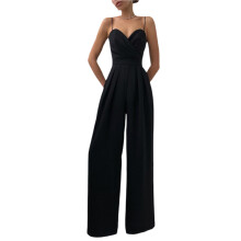 (M, Black) Combinaison sans manches femme plissée, taille haute, jambes larges, unie, été