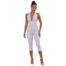 (L, Light Grey) Damen Capri-Jumpsuit mit tiefem V-Ausschnitt, ärmellos, rückenfrei, Neckholder, figurbetont, Club-Romper