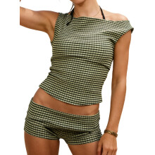 (M, Green) Dámský letní outfit ze 2 kusů, bez rukávů, s pruhovaným potiskem, vestou a kraťasy s elastickým pasem