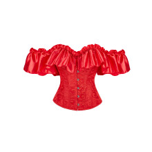 (L, Red) Women's Corset Bustier Button Down Back Tied Stylish Embroidered Ruffled Trim Strapless Slim Fit Off The Shoulder Tops