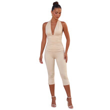 (S, Khaki) Damen Capri-Jumpsuit mit tiefem V-Ausschnitt, ärmellos, rückenfrei, Neckholder, figurbetont, Club-Romper
