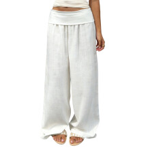 (M, White) Pantalon taille basse pour femme, couleur unie, jambes larges, coupe ample, confortable et décontracté au quotidien.