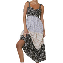 (S, Black) Robe longue sans manches à volants et col V, avec fleurs et nœuds, parfaite pour soirées et voyages.