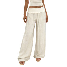 (S, Beige) Pantalon taille basse pour femme, couleur unie, jambes larges, coupe ample, confortable et décontracté au quotidien.