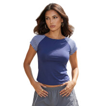(M, Navy) T-shirt femme col rond, manches courtes, rayé, coupe ajustée, parfait pour l'été et le quotidien.