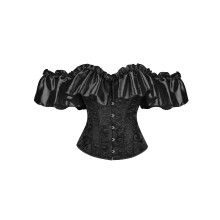 (XS, Black) Corset bustier femme, dos boutonné, broderies et volants, sans bretelles, ajusté, épaules nues.