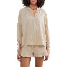 (S, Khaki) Dames zomer shorts outfit shirt met lange mouwen en strik V-hals top met elastische taille 2-delige set