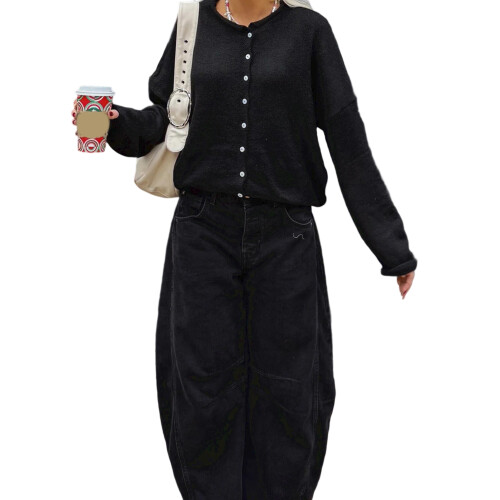 (XL, Black) Πλεκτή Ζακέτα Γυναικεία με Κουμπιά