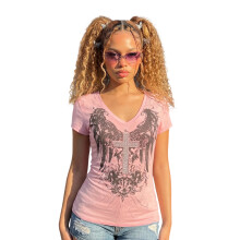 (S, Pink) T-shirt gothique femme col V, manches courtes, imprimé ailes croisées, parfait pour l'été.