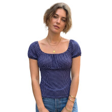 (S, Blue) T-shirt d'été pour femme, coupe ajustée, imprimé à pois, col carré, manches courtes