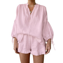 (S, Pink) Dames zomer shorts outfit shirt met lange mouwen en strik V-hals top met elastische taille 2-delige set