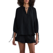 (S, black) Dames zomer shorts outfit shirt met lange mouwen en strik V-hals top met elastische taille 2-delige set