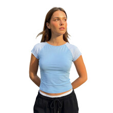 (S, Light Blue) T-shirt femme col rond, manches courtes, rayé, coupe ajustée, parfait pour l'été et le quotidien.