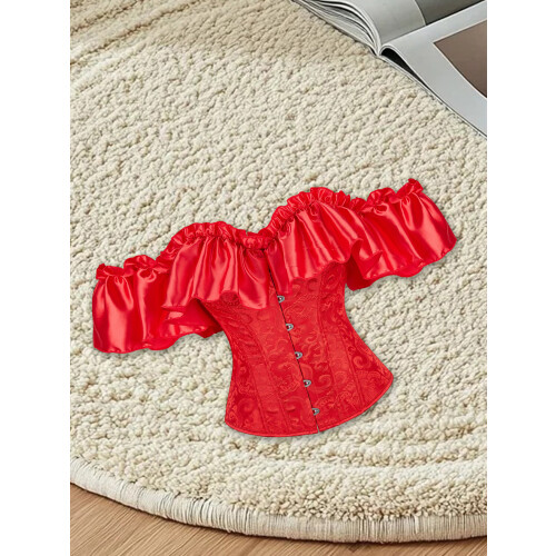 (S, Red) Cóirséad Bustier mBan le Cnaipe, Stíl Ghróidnithe, Ruffled, Gan Strapaí, Barr Caolfheistithe 1