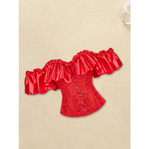 (S, Red) Cóirséad Bustier mBan le Cnaipe, Stíl Ghróidnithe, Ruffled, Gan Strapaí, Barr Caolfheistithe 2