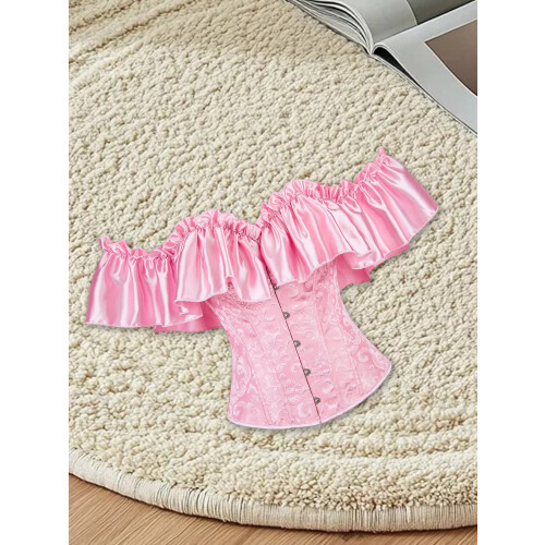 (XS, Pink) Cóirséad Bustier mBan le Cnaipe, Stíl Ghróidnithe, Ruffled, Gan Strapaí, Barr Caolfheistithe 1