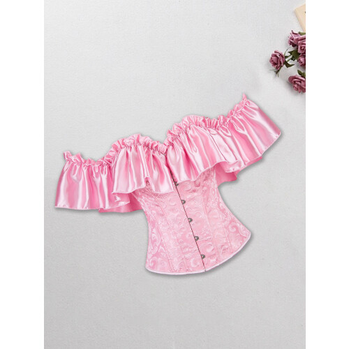 (XS, Pink) Cóirséad Bustier mBan le Cnaipe, Stíl Ghróidnithe, Ruffled, Gan Strapaí, Barr Caolfheistithe 2