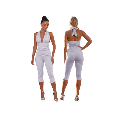 (M, Light Grey) Γυναικεία ολόσωμη φόρμα Capri με V ντεκολτέ, αμάνικη, halter, bodycon, Club Romper 1