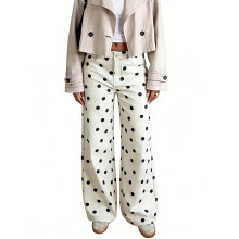 (L, White) Pantalon en jean large pour femme, style rétro décontracté à pois, idéal pour le travail et le streetwear.