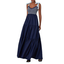 (M, Navy Blue) Robe longue fluide à bretelles nouées pour femme, motif à lignes irrégulières, sans manches, col en V, dos nu
