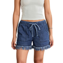 (M, Dark Blue) Pantaloni scurți din denim spălat pentru femei, casual, cu șnur elastic, cu tiv zdrențuit, lejeri scurți