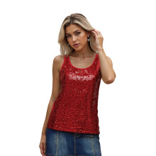 (M, Red) Débardeurs à sequins femmes, hauts sans manches tendance, col rond ajusté, couleurs unies, haut de festival.