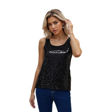 (XL, Black) Débardeurs à sequins femmes, hauts sans manches tendance, col rond ajusté, couleurs unies, haut de festival.