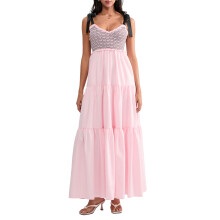 (L, Pink) Robe longue fluide à bretelles nouées pour femme, motif à lignes irrégulières, sans manches, col en V, dos nu