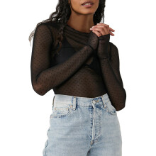 (S, Black) T-shirt femme, manches longues, col rond, à pois, transparent, coupe ajustée, idéal pour les soirées