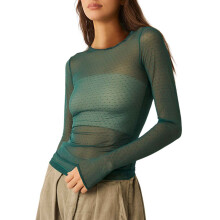 (S, Army Green) T-shirt femme, manches longues, col rond, à pois, transparent, coupe ajustée, idéal pour les soirées