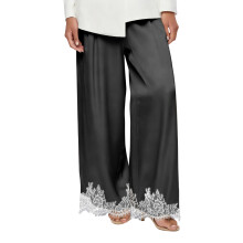 (L, Black) Pantalon satiné pour femme, printemps-été, ourlet en dentelle, jambes larges et amples, idéal au quotidien