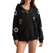 (XL, Black) Sweat à capuche pour femme, manches longues, imprimé étoiles, style streetwear décontracté.