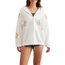 (L, Cream Color) Sweat à capuche pour femme, manches longues, imprimé étoiles, style streetwear décontracté.