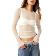 (S, White) T-shirt femme, manches longues, col rond, à pois, transparent, coupe ajustée, idéal pour les soirées