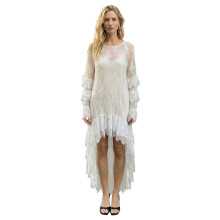 (S, White) Robe en dentelle pour femme, manches longues, col rond, couleur unie, ourlet asymétrique, robe fluide à volants