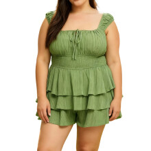 (XXXXL, Light Green) Női nyári plus size romper elegáns, egyszínű, ujjatlan, szögletes nyakú, fodros, széles szárú, rövid overall
