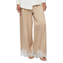(XL, Khaki) Pantalon satiné pour femme, printemps-été, ourlet en dentelle, jambes larges et amples, idéal au quotidien