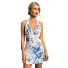 (M, Blue) Robe de plage dos nu pour femme, sans manches, décolleté en V profond, couleur unie/à fleurs