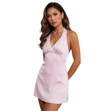 (L, Pink) Robe de plage dos nu pour femme, sans manches, décolleté en V profond, couleur unie/à fleurs