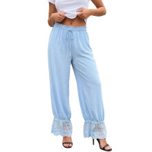 (L, Blue) Pantalon bloomer printemps-été pour femme, taille haute, ourlet en dentelle, jambes larges, cordon de serrage.