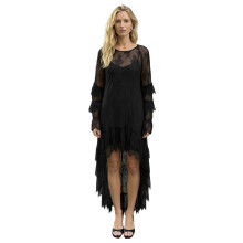 (S, black) Robe en dentelle pour femme, manches longues, col rond, couleur unie, ourlet asymétrique, robe fluide à volants