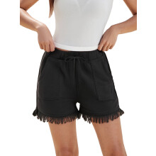 (M, black) Pantaloni scurți din denim spălat pentru femei, casual, cu șnur elastic, cu tiv zdrențuit, lejeri scurți