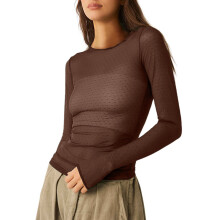 (XL, Dark Brown) T-shirt femme, manches longues, col rond, à pois, transparent, coupe ajustée, idéal pour les soirées