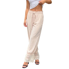 (M, Apricot) Pantalon bloomer printemps-été pour femme, taille haute, ourlet en dentelle, jambes larges, cordon de serrage.