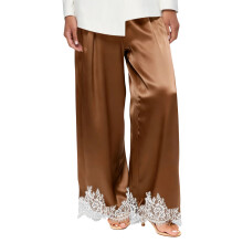 (XL, Dark Brown) Pantalon satiné pour femme, printemps-été, ourlet en dentelle, jambes larges et amples, idéal au quotidien