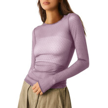 (M, Purple) T-shirt femme, manches longues, col rond, à pois, transparent, coupe ajustée, idéal pour les soirées