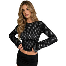 (L, Black) Hauts courts à manches cloche pour femmes, imprimé à pois tendance, col rond, coupe ajustée