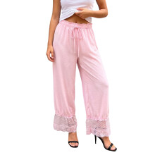 (S, Pink) Pantalon bloomer printemps-été pour femme, taille haute, ourlet en dentelle, jambes larges, cordon de serrage.