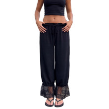 (M, Black) Pantalon bloomer printemps-été pour femme, taille haute, ourlet en dentelle, jambes larges, cordon de serrage.