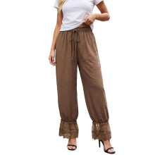 (L, Brown) Pantalon bloomer printemps-été pour femme, taille haute, ourlet en dentelle, jambes larges, cordon de serrage.